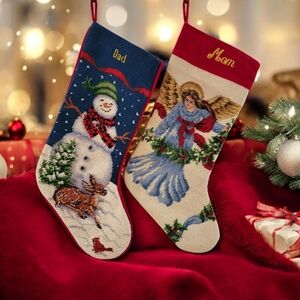 Vintage Wool Needlepoint Santa & Reindeer‎ Christmas Stocking-Green Velvet Back